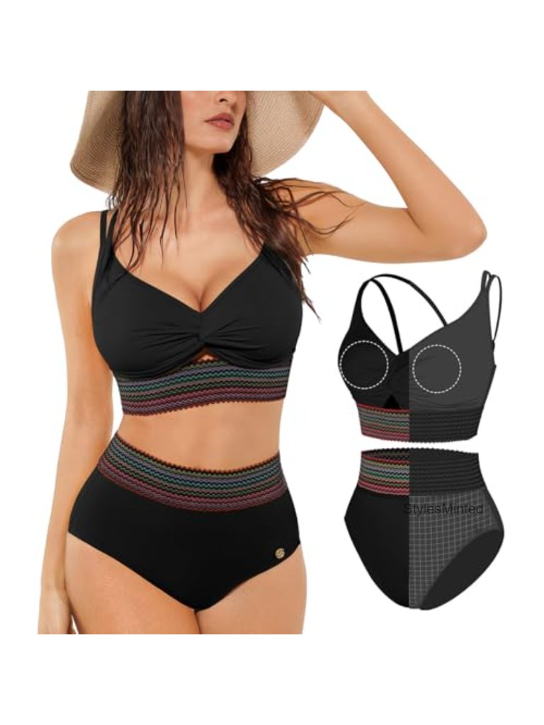 Tummy Control High Waisted Bikini Set With Boho Trim 4 Way Convertible Straps
